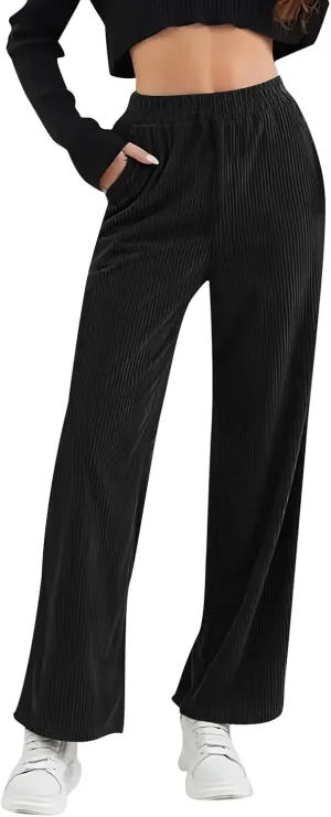Gumipy Corduroy Pants Women Casual Comfy Wide Leg Pants Elastic High Waisted Trousers Pants Fall Lounge Pants with Pockets