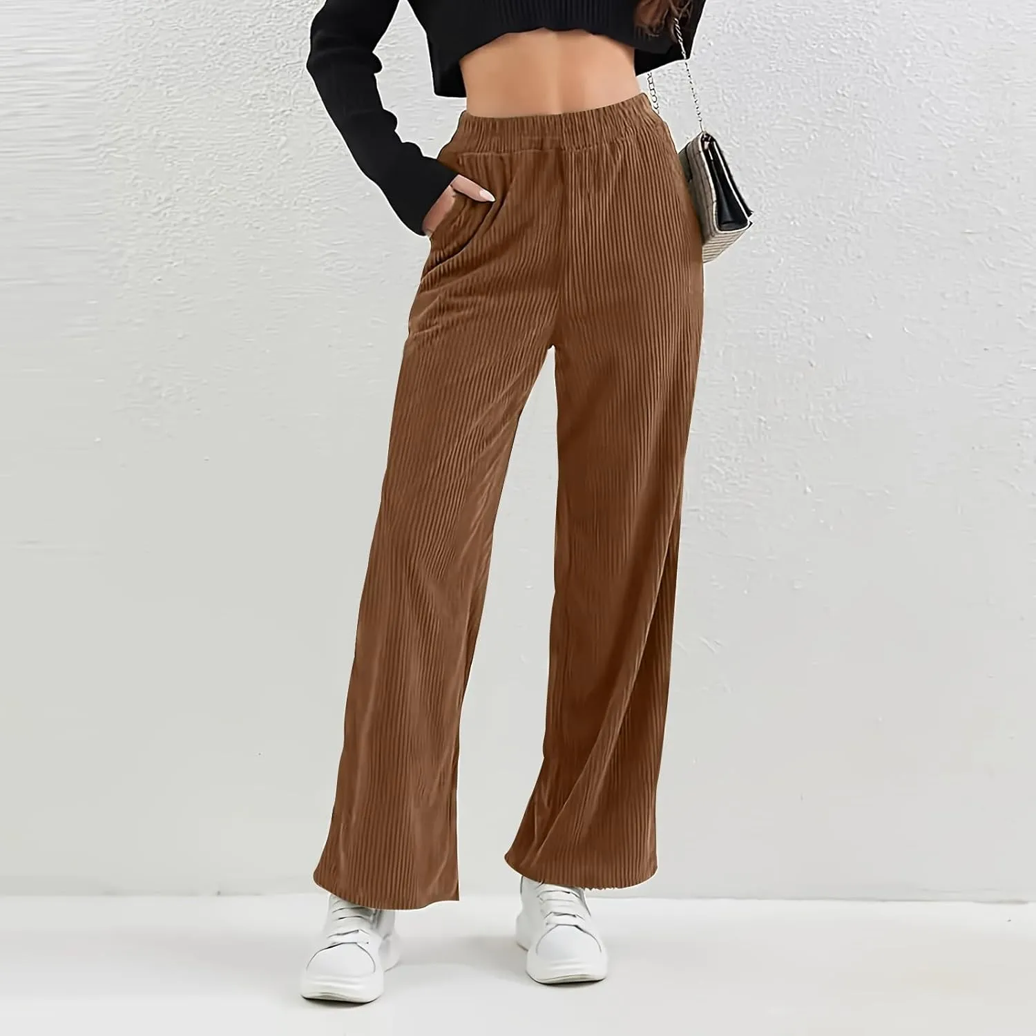 Gumipy Corduroy Pants Women Casual Comfy Wide Leg Pants Elastic High Waisted Trousers Pants Fall Lounge Pants with Pockets