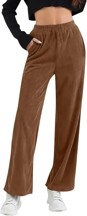 Gumipy Corduroy Pants Women Casual Comfy Wide Leg Pants Elastic High Waisted Trousers Pants Fall Lounge Pants with Pockets