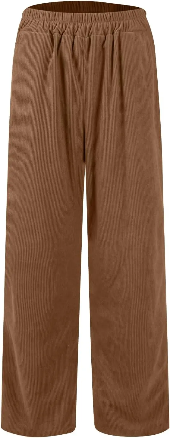 Gumipy Corduroy Pants Women Casual Comfy Wide Leg Pants Elastic High Waisted Trousers Pants Fall Lounge Pants with Pockets