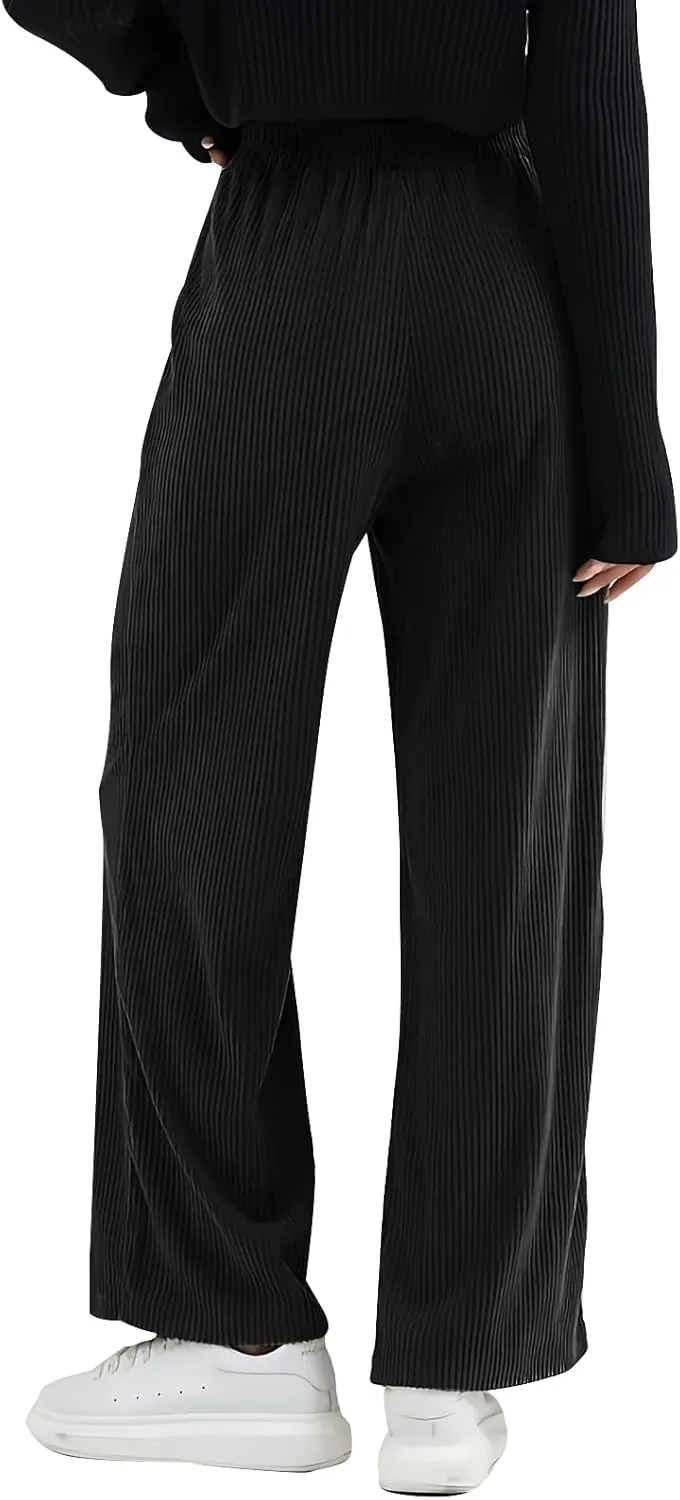 Gumipy Corduroy Pants Women Casual Comfy Wide Leg Pants Elastic High Waisted Trousers Pants Fall Lounge Pants with Pockets