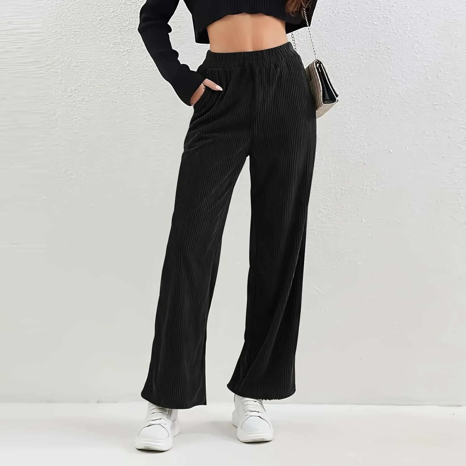Gumipy Corduroy Pants Women Casual Comfy Wide Leg Pants Elastic High Waisted Trousers Pants Fall Lounge Pants with Pockets