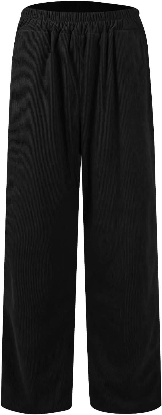 Gumipy Corduroy Pants Women Casual Comfy Wide Leg Pants Elastic High Waisted Trousers Pants Fall Lounge Pants with Pockets