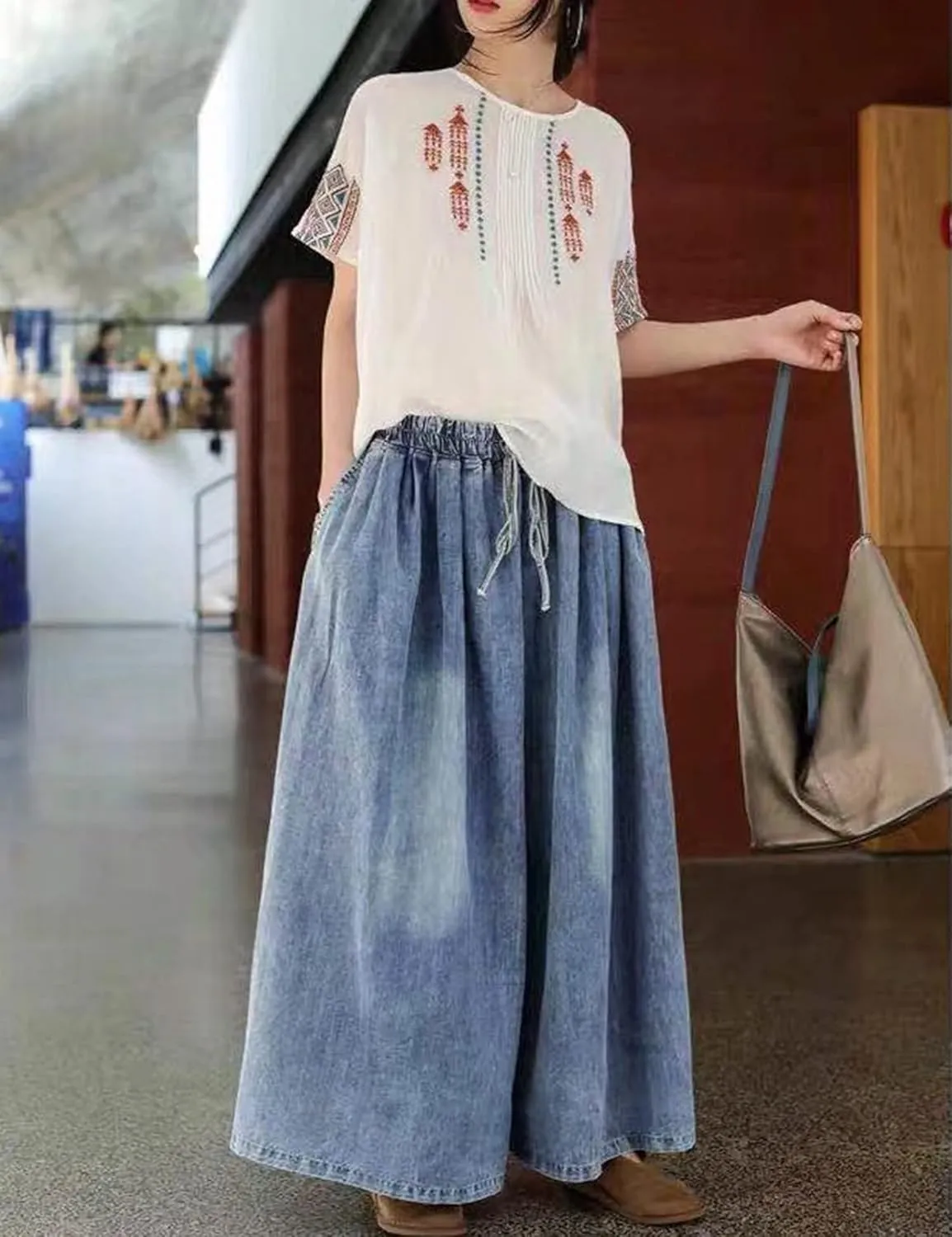 HaoMay Women's Loose Baggy Wide Leg Jeans High Elastic Waist Palazzo Pants