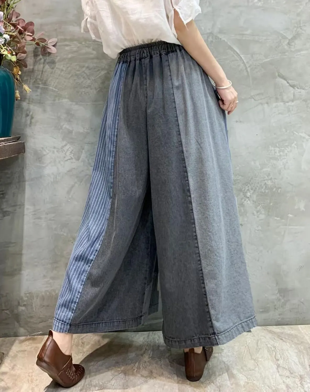 HaoMay Women's Loose Fit Elastic Waist Wide Leg Jeans Palazzo Pants Culottes