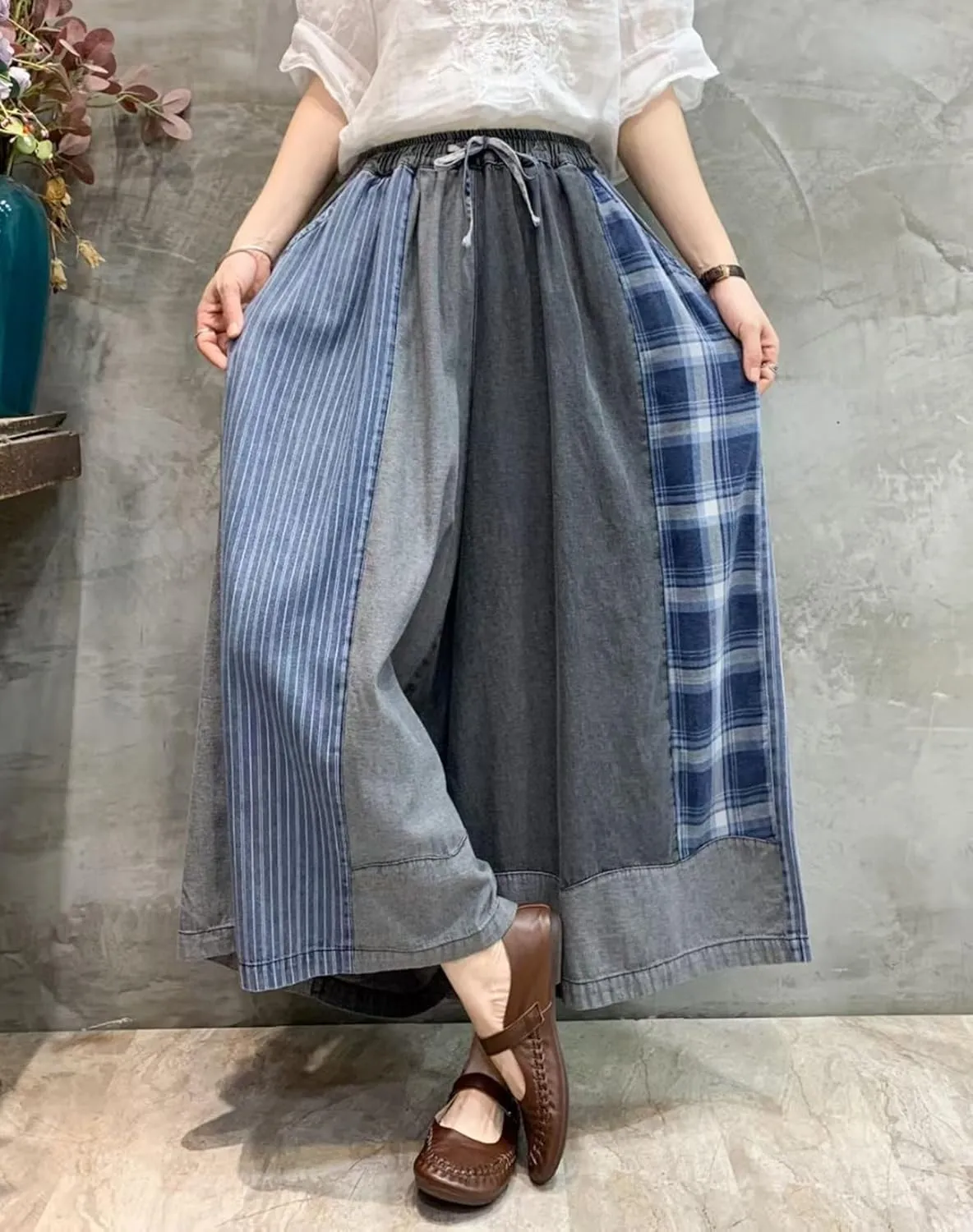 HaoMay Women's Loose Fit Elastic Waist Wide Leg Jeans Palazzo Pants Culottes
