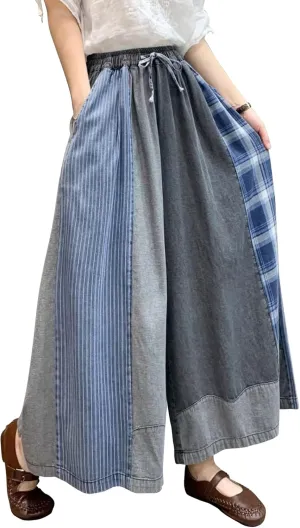 HaoMay Women's Loose Fit Elastic Waist Wide Leg Jeans Palazzo Pants Culottes