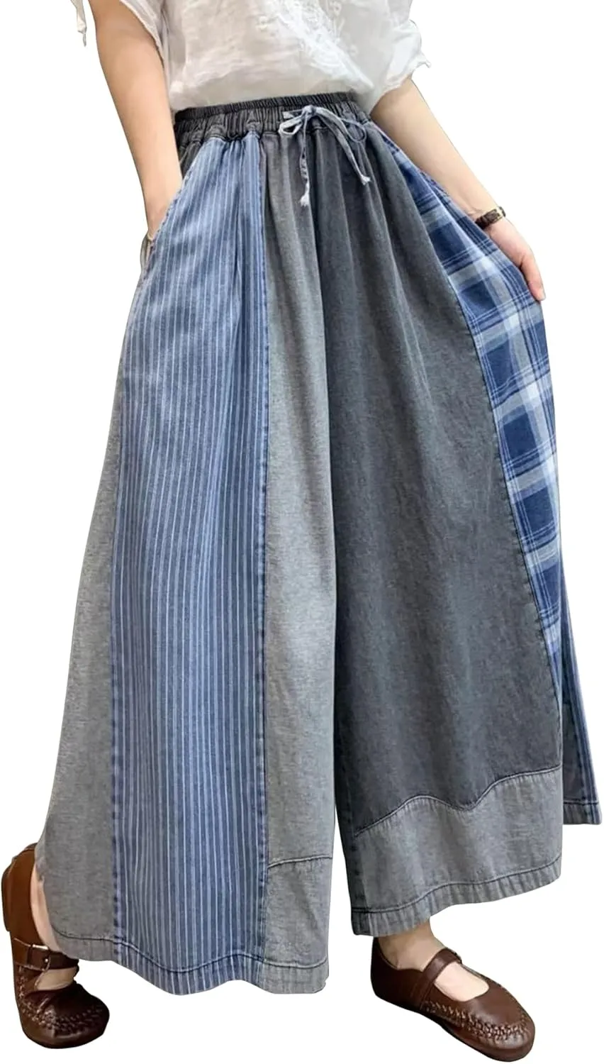HaoMay Women's Loose Fit Elastic Waist Wide Leg Jeans Palazzo Pants Culottes