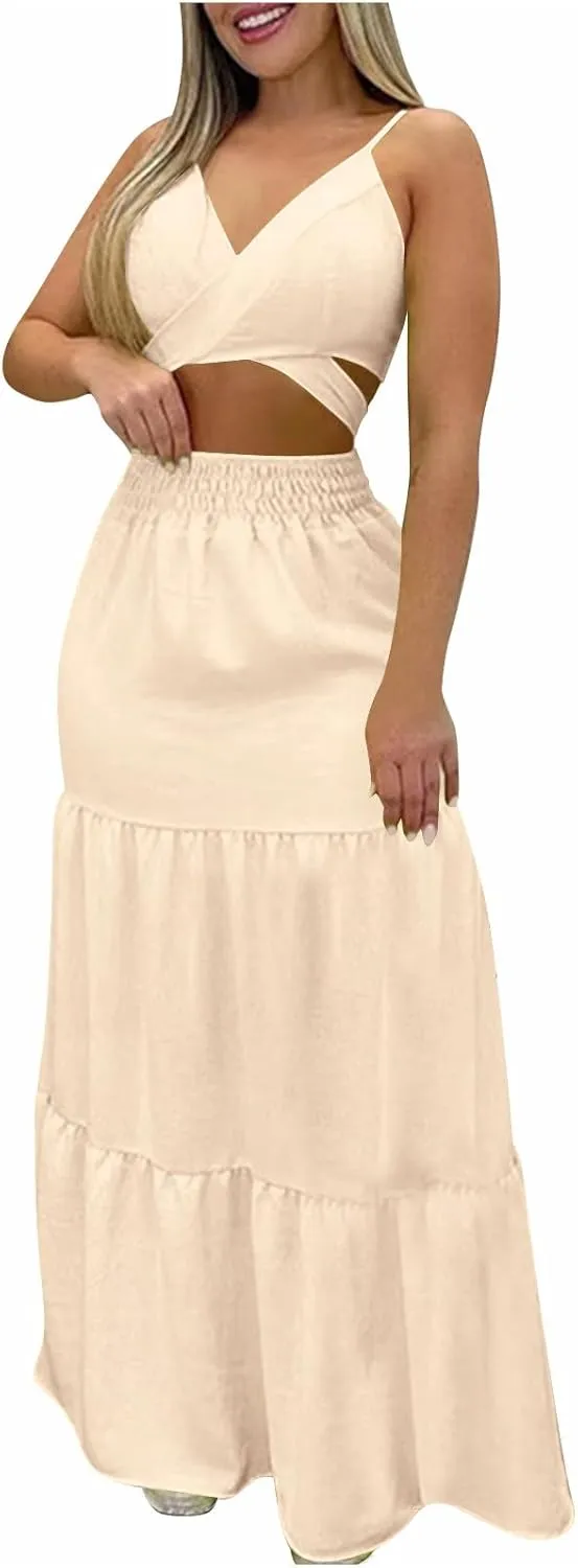 HGps8w Womens 2 Piece Outfits Sexy V Neck Crop Cami Top and High Waisted Tiered Maxi Skirt Elegant Swing Beach Dress Sets