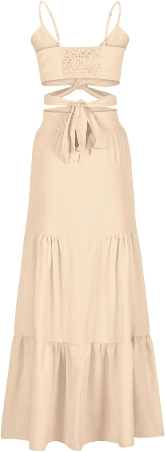 HGps8w Womens 2 Piece Outfits Sexy V Neck Crop Cami Top and High Waisted Tiered Maxi Skirt Elegant Swing Beach Dress Sets