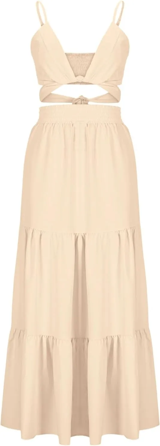 HGps8w Womens 2 Piece Outfits Sexy V Neck Crop Cami Top and High Waisted Tiered Maxi Skirt Elegant Swing Beach Dress Sets