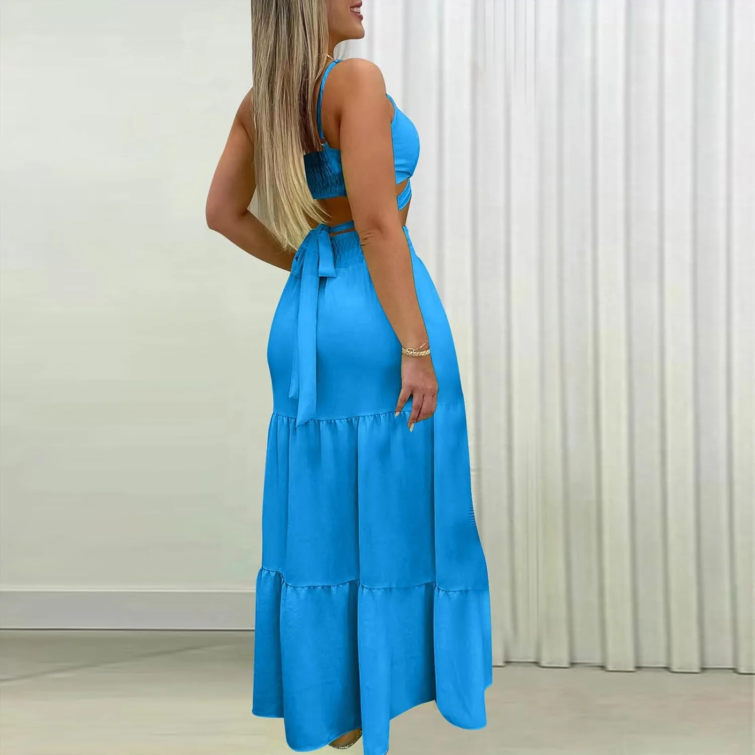 HGps8w Womens 2 Piece Outfits Sexy V Neck Crop Cami Top and High Waisted Tiered Maxi Skirt Elegant Swing Beach Dress Sets