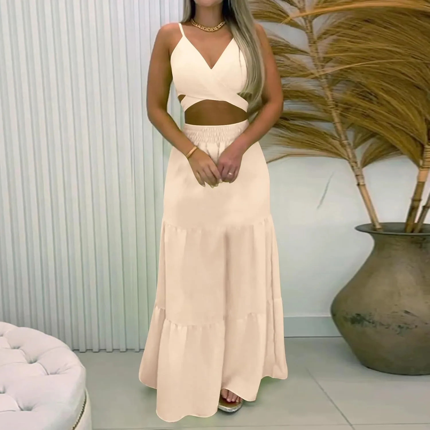 HGps8w Womens 2 Piece Outfits Sexy V Neck Crop Cami Top and High Waisted Tiered Maxi Skirt Elegant Swing Beach Dress Sets