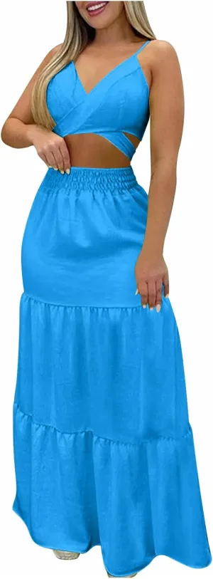 HGps8w Womens 2 Piece Outfits Sexy V Neck Crop Cami Top and High Waisted Tiered Maxi Skirt Elegant Swing Beach Dress Sets