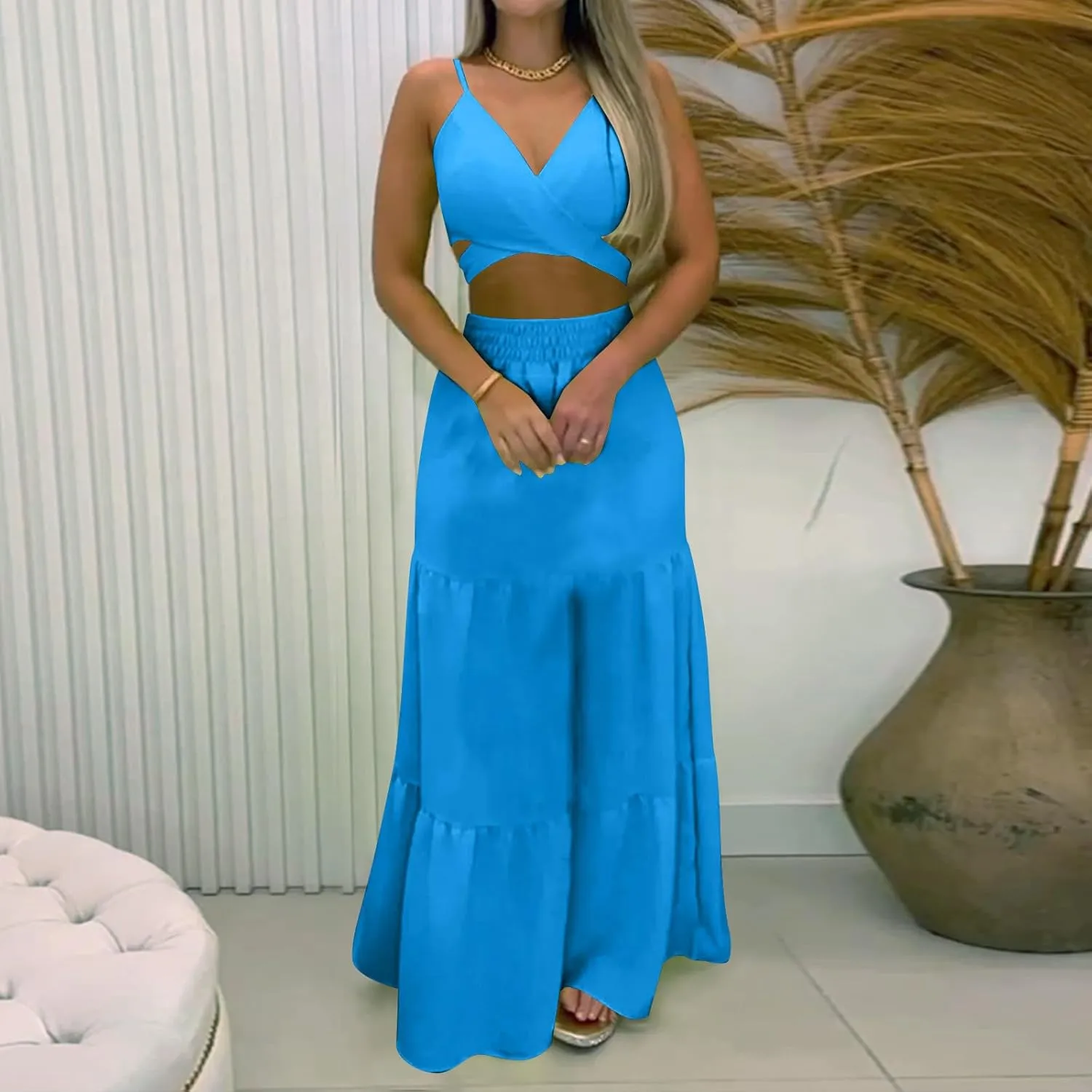 HGps8w Womens 2 Piece Outfits Sexy V Neck Crop Cami Top and High Waisted Tiered Maxi Skirt Elegant Swing Beach Dress Sets