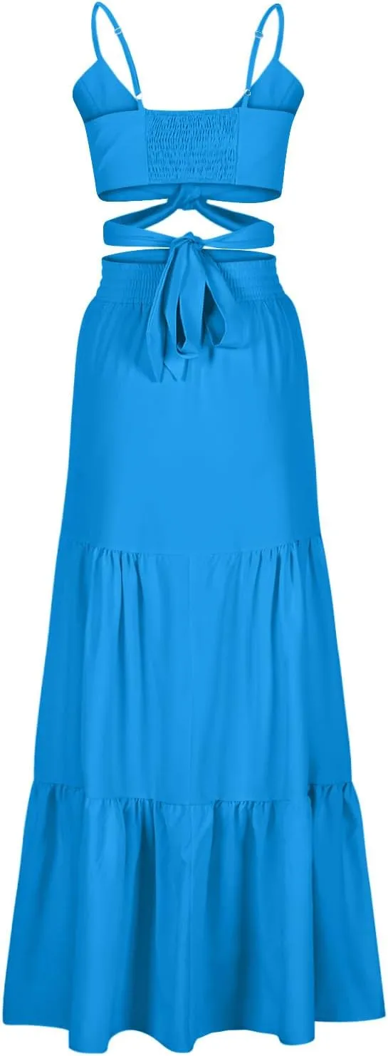 HGps8w Womens 2 Piece Outfits Sexy V Neck Crop Cami Top and High Waisted Tiered Maxi Skirt Elegant Swing Beach Dress Sets