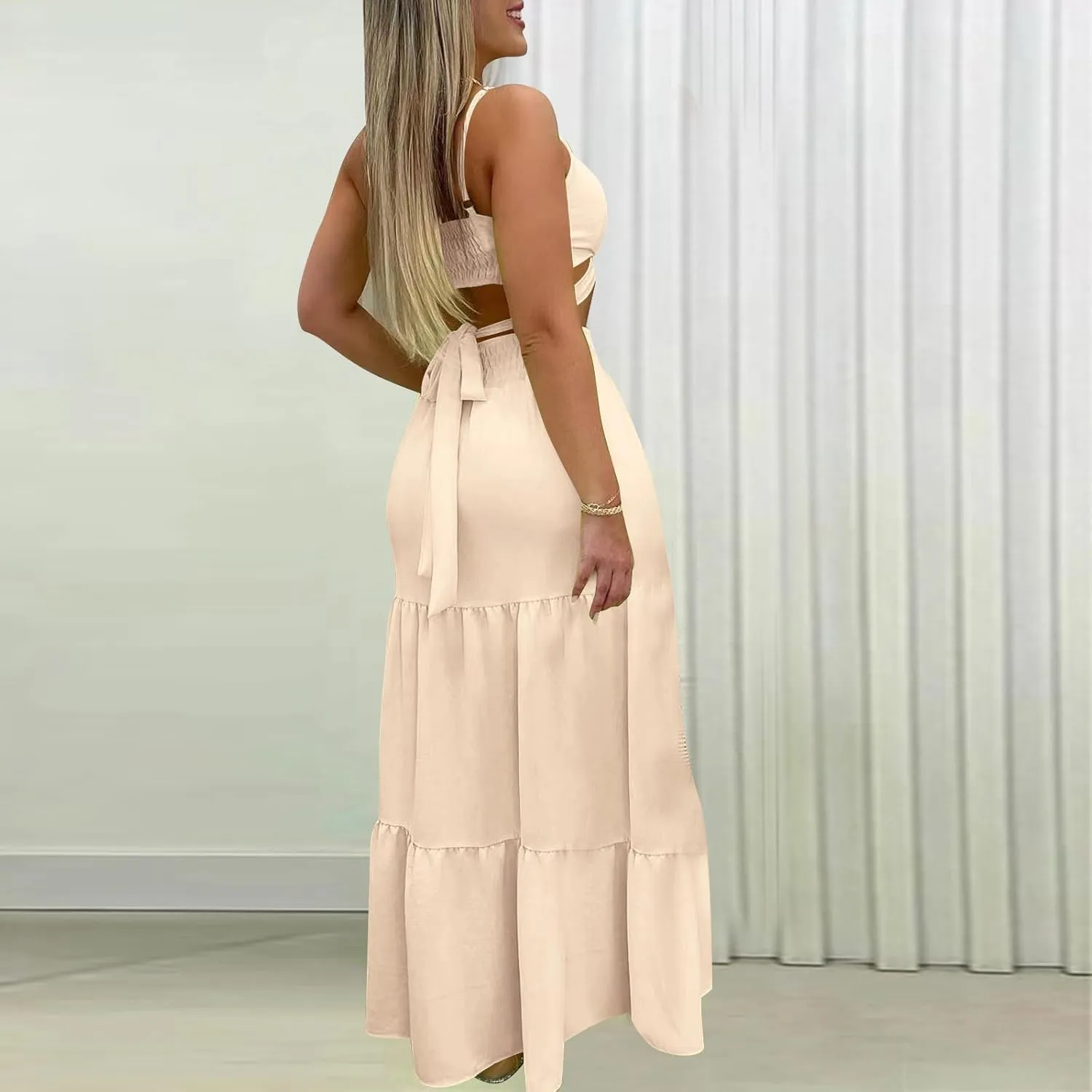 HGps8w Womens 2 Piece Outfits Sexy V Neck Crop Cami Top and High Waisted Tiered Maxi Skirt Elegant Swing Beach Dress Sets