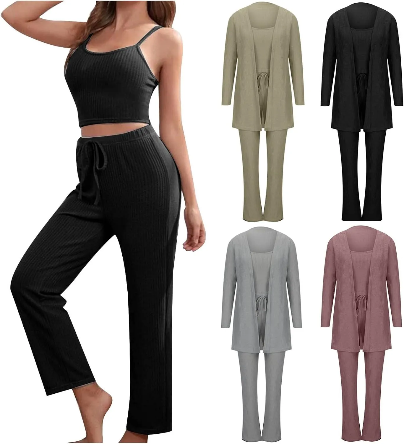 HGps8w Women's 3 Piece Outfits Ribbed Knit Sleepwear Cami Top Long Pants with Open Front Cardigan Robe Lounge Pajama Set