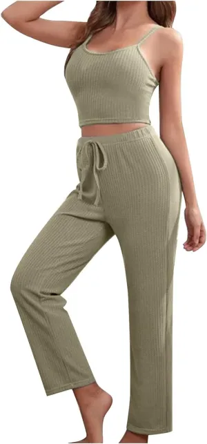 HGps8w Women's 3 Piece Outfits Ribbed Knit Sleepwear Cami Top Long Pants with Open Front Cardigan Robe Lounge Pajama Set