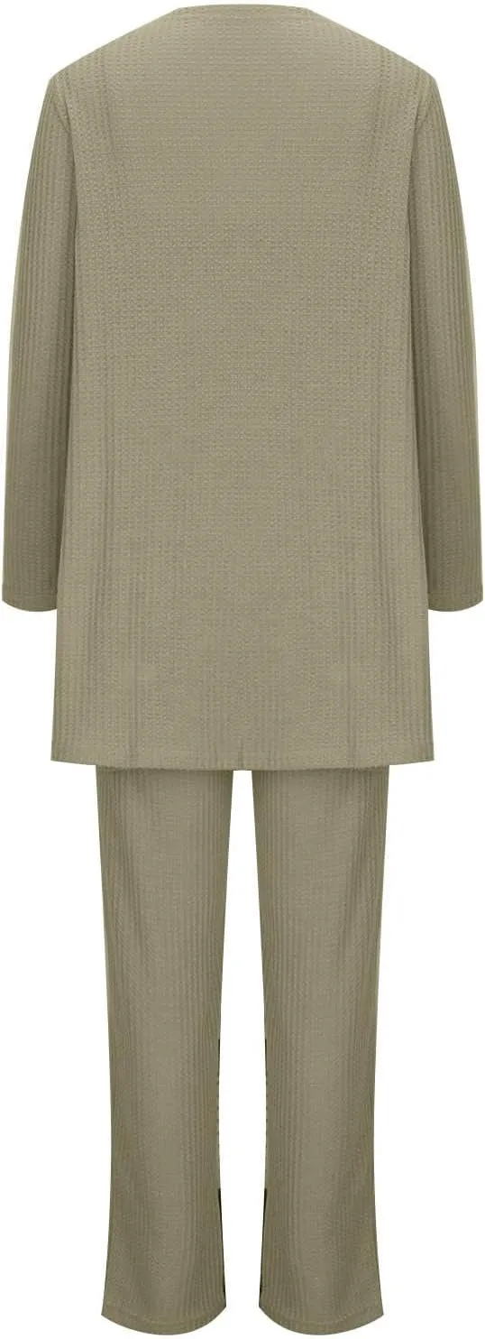 HGps8w Women's 3 Piece Outfits Ribbed Knit Sleepwear Cami Top Long Pants with Open Front Cardigan Robe Lounge Pajama Set