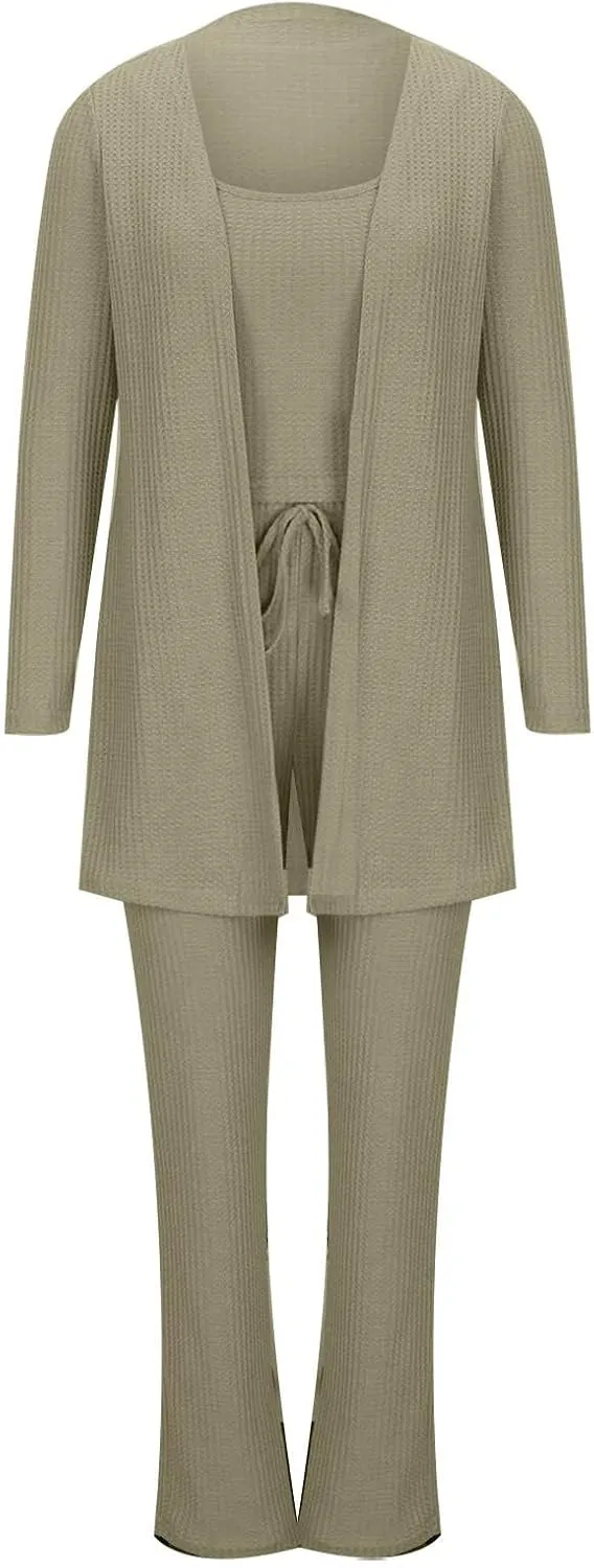 HGps8w Women's 3 Piece Outfits Ribbed Knit Sleepwear Cami Top Long Pants with Open Front Cardigan Robe Lounge Pajama Set