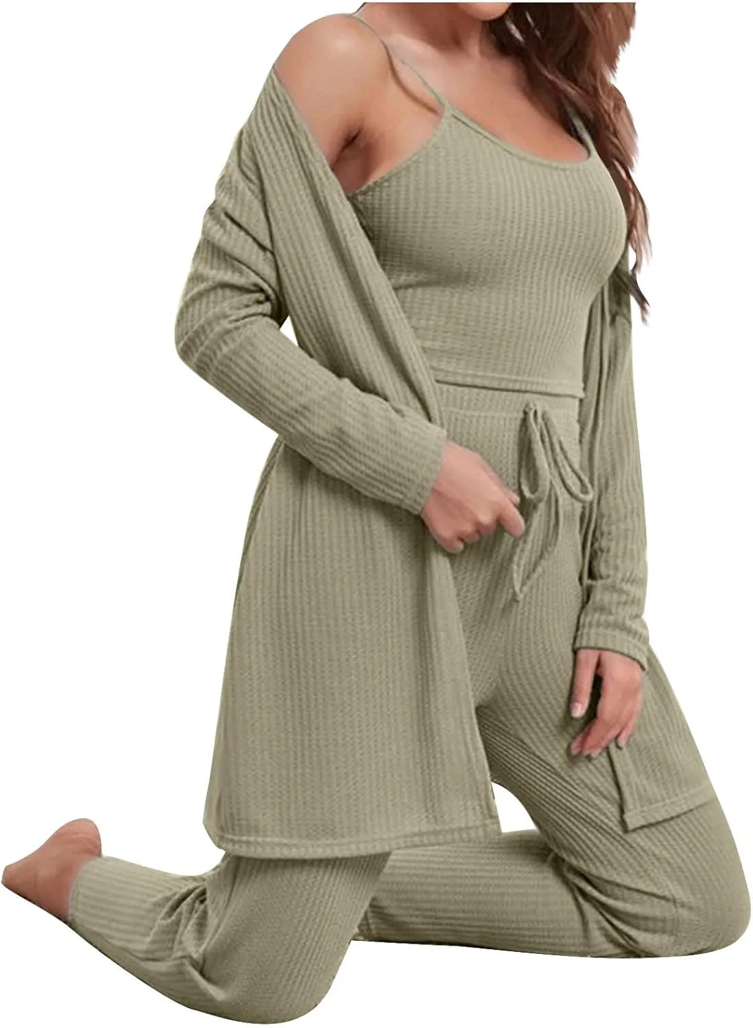 HGps8w Women's 3 Piece Outfits Ribbed Knit Sleepwear Cami Top Long Pants with Open Front Cardigan Robe Lounge Pajama Set