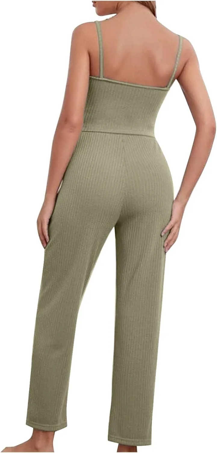 HGps8w Women's 3 Piece Outfits Ribbed Knit Sleepwear Cami Top Long Pants with Open Front Cardigan Robe Lounge Pajama Set
