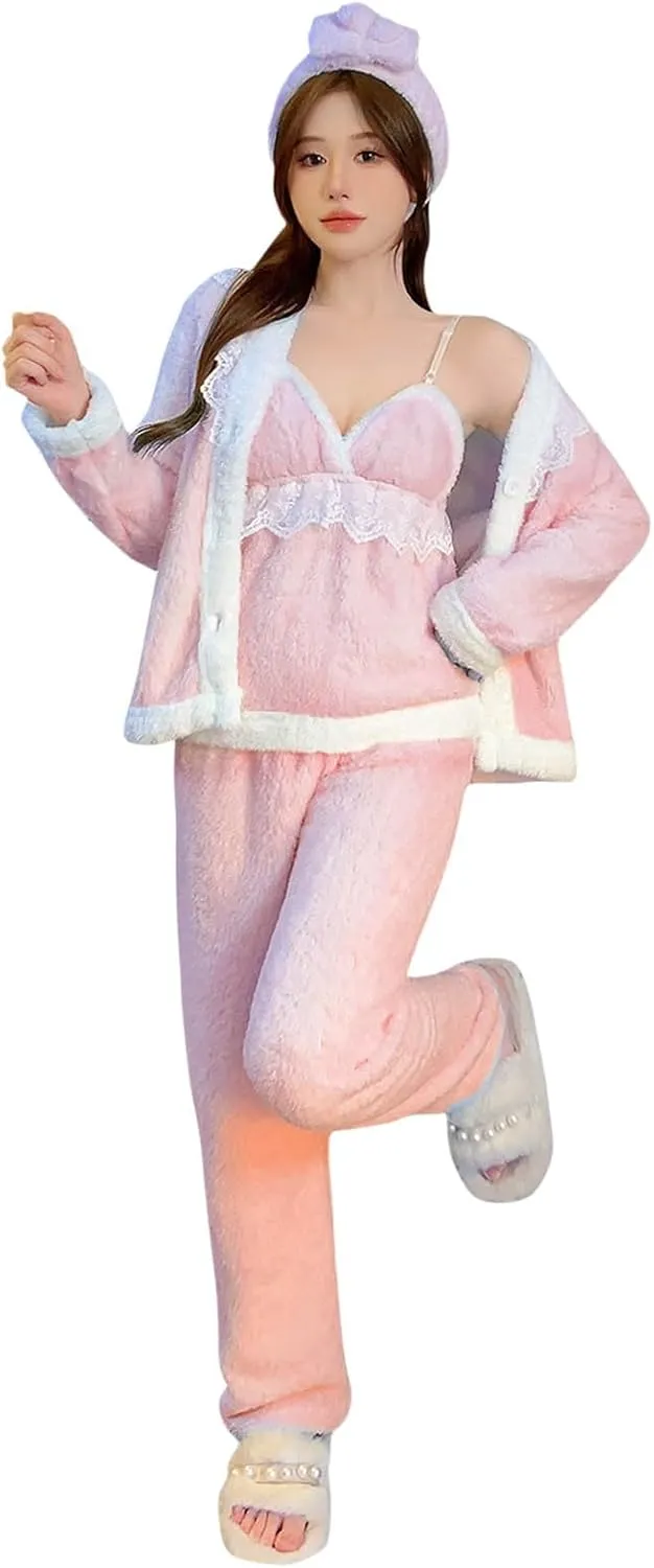 HGps8w Women's Flannel Pajamas Set Fluffy Fleece Open Front Cardigan V Neck Cami Top Plush Pants 4 Piece Pjs Warm Sleepwear