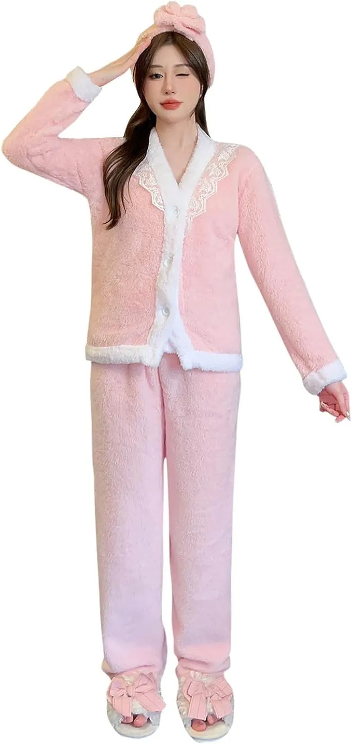 HGps8w Women's Flannel Pajamas Set Fluffy Fleece Open Front Cardigan V Neck Cami Top Plush Pants 4 Piece Pjs Warm Sleepwear