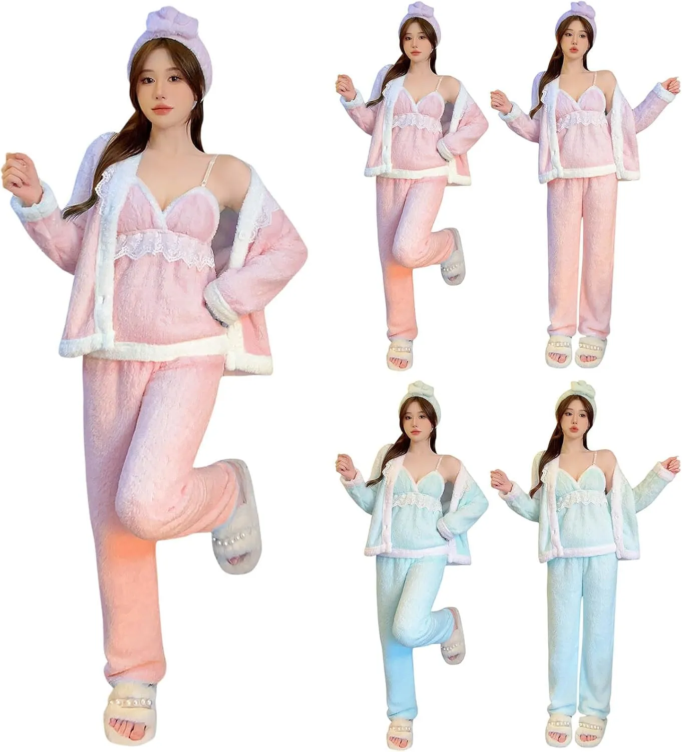 HGps8w Women's Flannel Pajamas Set Fluffy Fleece Open Front Cardigan V Neck Cami Top Plush Pants 4 Piece Pjs Warm Sleepwear