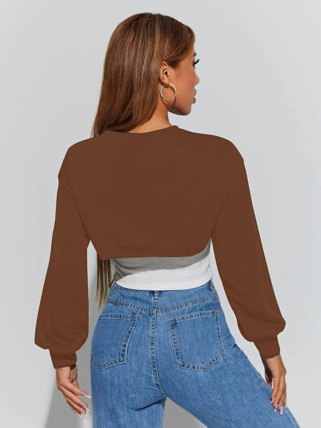 Hilinker Women's Crewneck Long Sleeve Crop Top Casual Loose Cropped Sweatshirt Workout