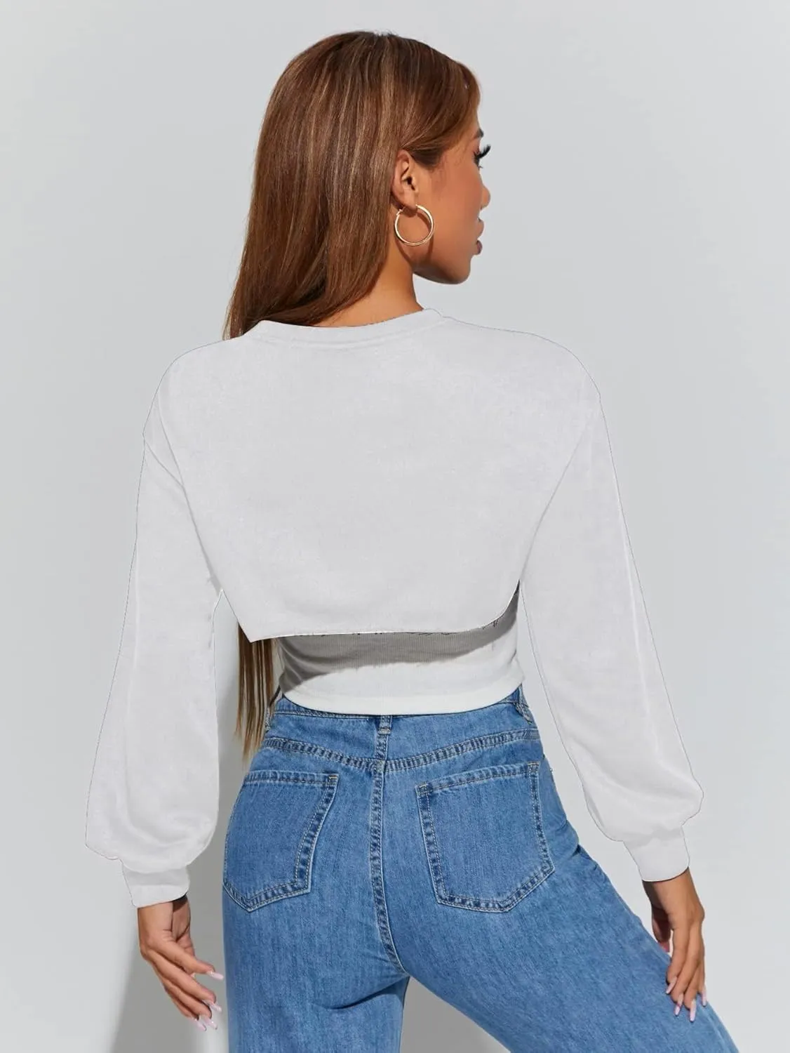 Hilinker Women's Crewneck Long Sleeve Crop Top Casual Loose Cropped Sweatshirt Workout