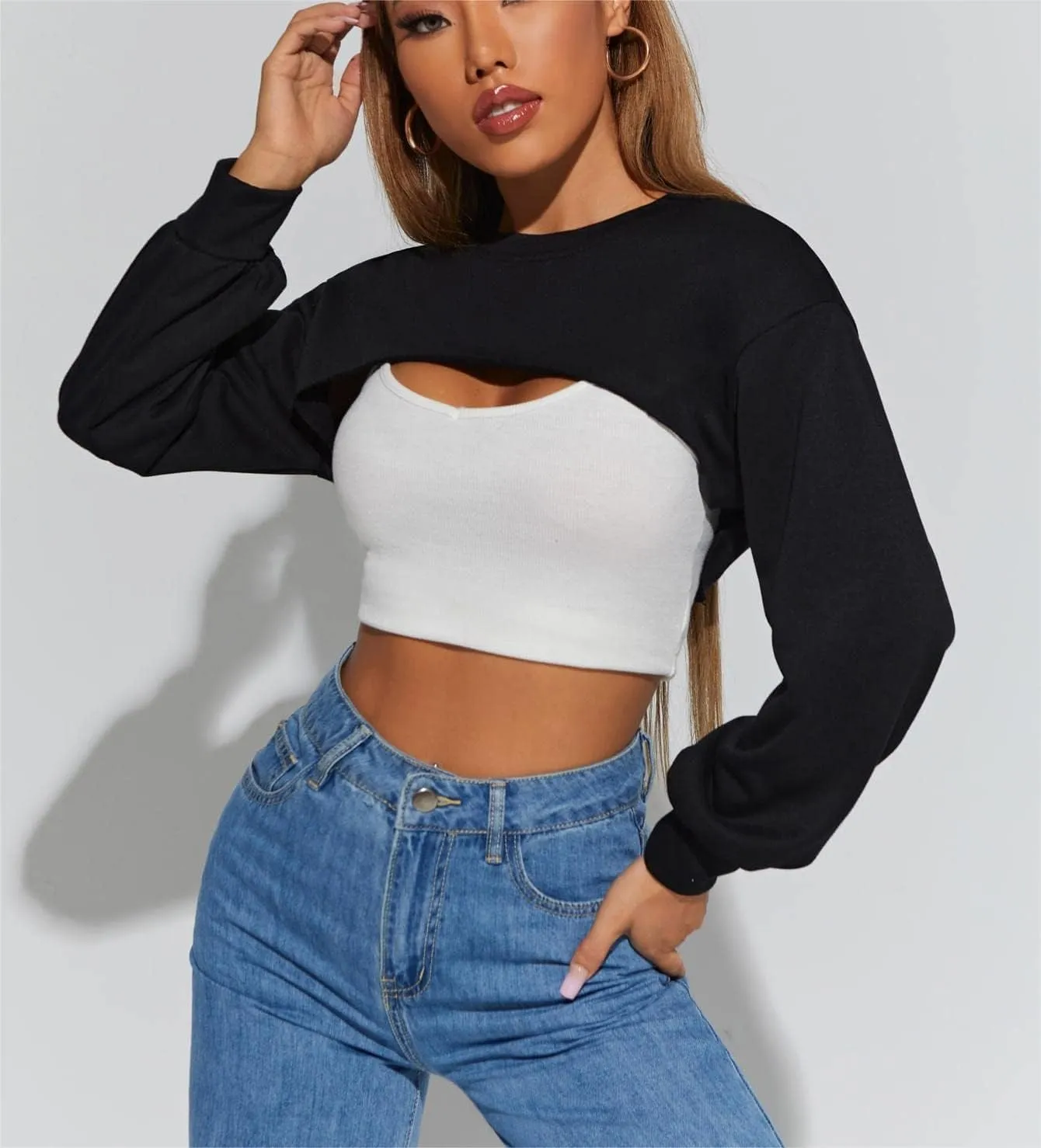 Hilinker Women's Crewneck Long Sleeve Crop Top Casual Loose Cropped Sweatshirt Workout