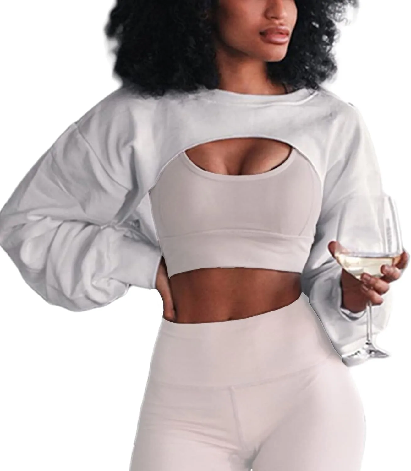 Hilinker Women's Crewneck Long Sleeve Crop Top Casual Loose Cropped Sweatshirt Workout