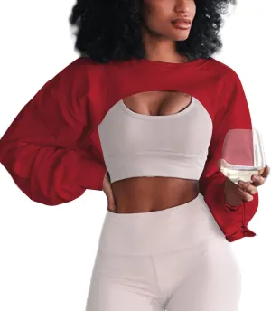 Hilinker Women's Crewneck Long Sleeve Crop Top Casual Loose Cropped Sweatshirt Workout