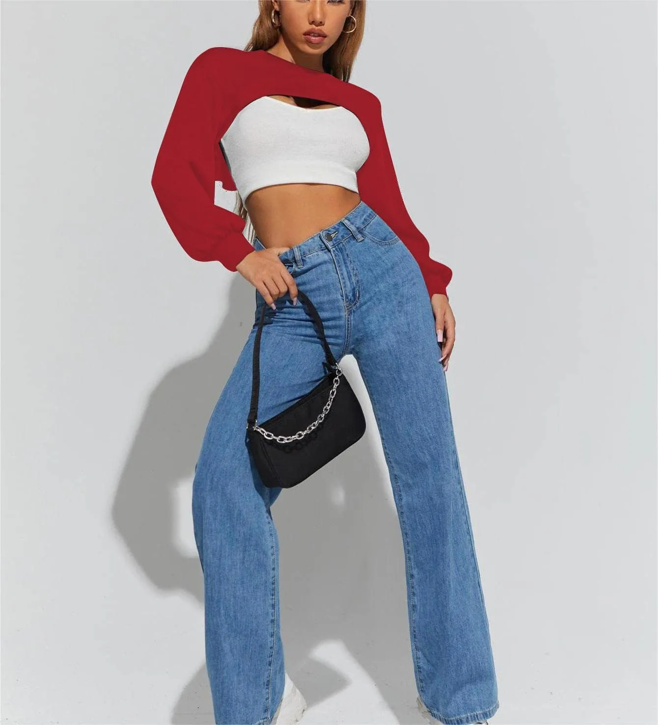 Hilinker Women's Crewneck Long Sleeve Crop Top Casual Loose Cropped Sweatshirt Workout