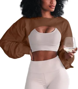 Hilinker Women's Crewneck Long Sleeve Crop Top Casual Loose Cropped Sweatshirt Workout