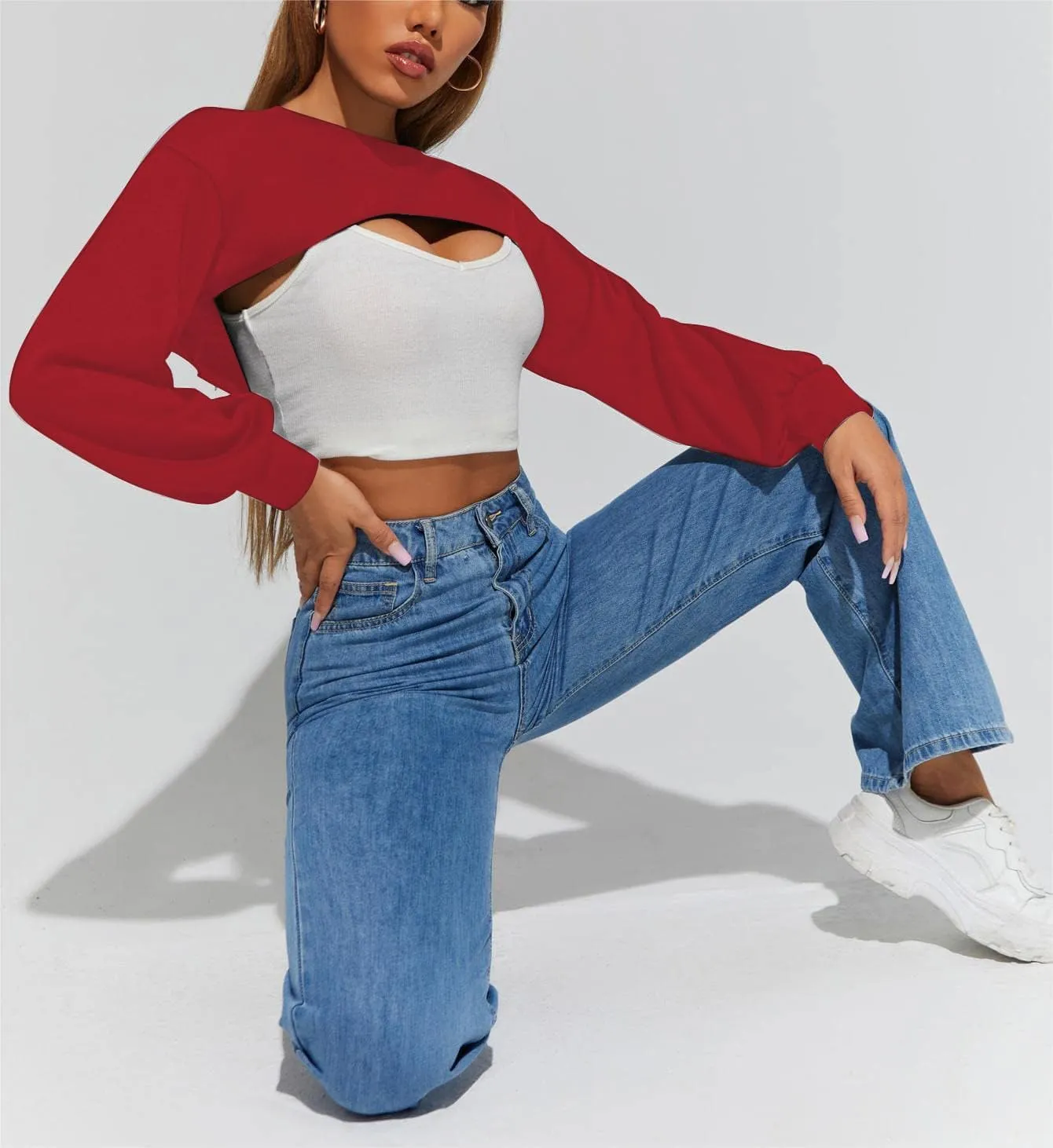 Hilinker Women's Crewneck Long Sleeve Crop Top Casual Loose Cropped Sweatshirt Workout