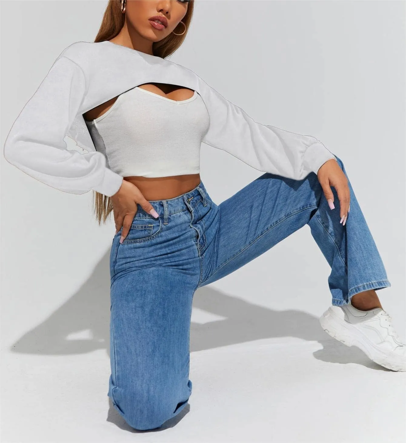 Hilinker Women's Crewneck Long Sleeve Crop Top Casual Loose Cropped Sweatshirt Workout