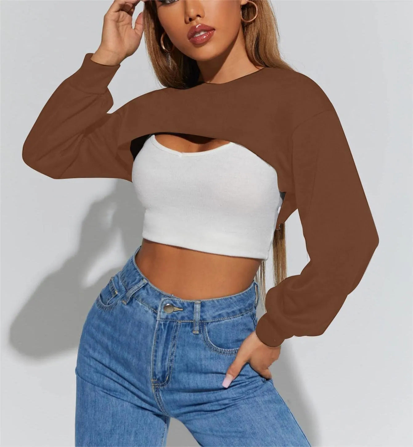 Hilinker Women's Crewneck Long Sleeve Crop Top Casual Loose Cropped Sweatshirt Workout