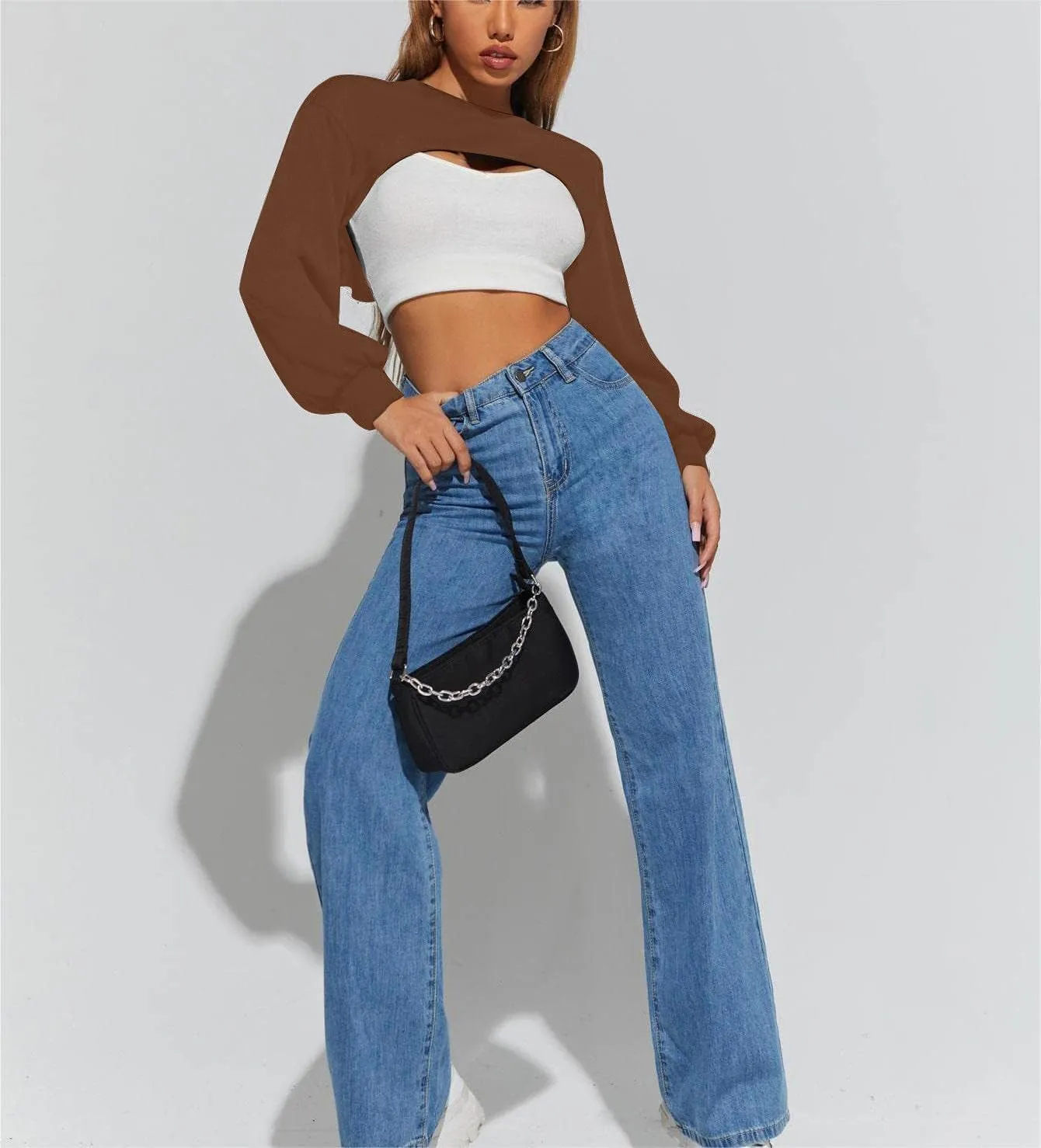 Hilinker Women's Crewneck Long Sleeve Crop Top Casual Loose Cropped Sweatshirt Workout