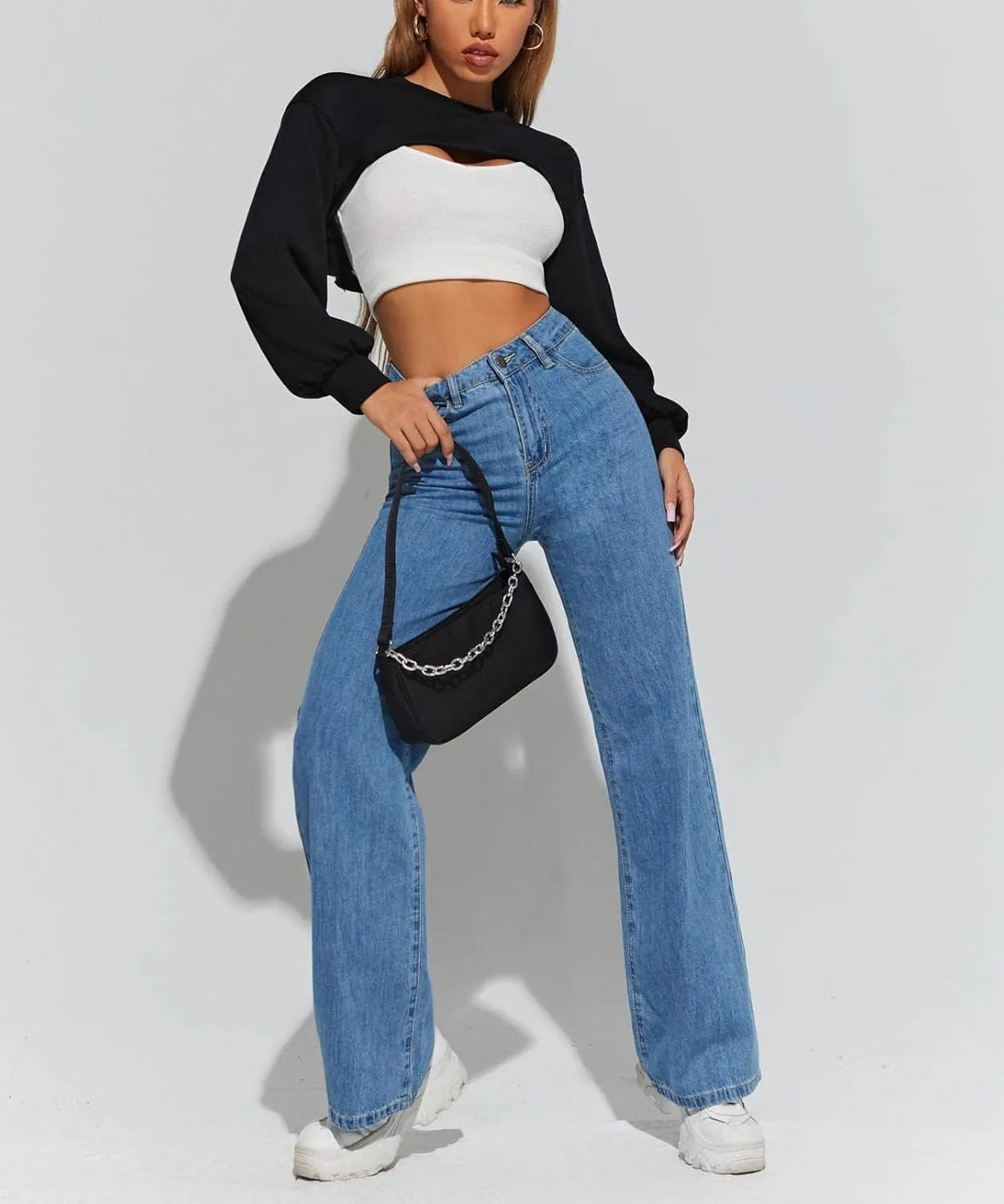 Hilinker Women's Crewneck Long Sleeve Crop Top Casual Loose Cropped Sweatshirt Workout