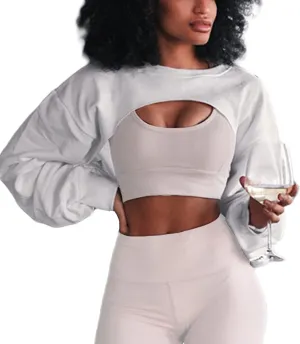 Hilinker Women's Crewneck Long Sleeve Crop Top Casual Loose Cropped Sweatshirt Workout