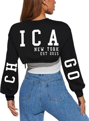 Hilinker Women's Crewneck Long Sleeve Crop Top Casual Loose Cropped Sweatshirt Workout