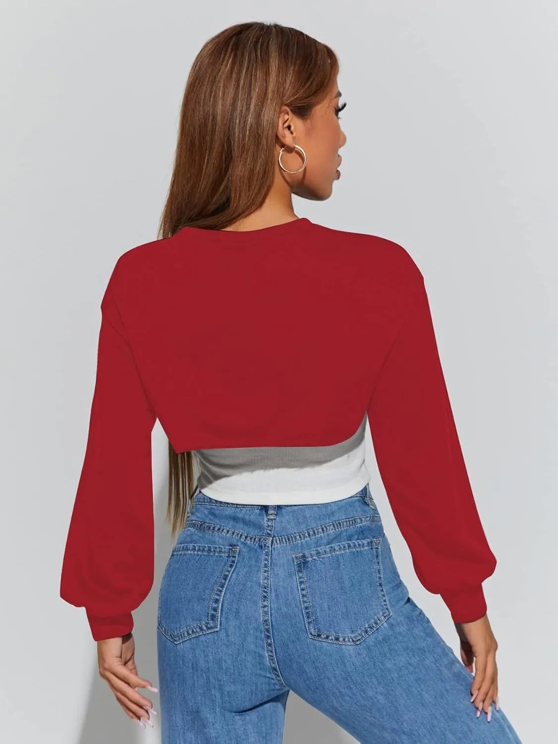 Hilinker Women's Crewneck Long Sleeve Crop Top Casual Loose Cropped Sweatshirt Workout