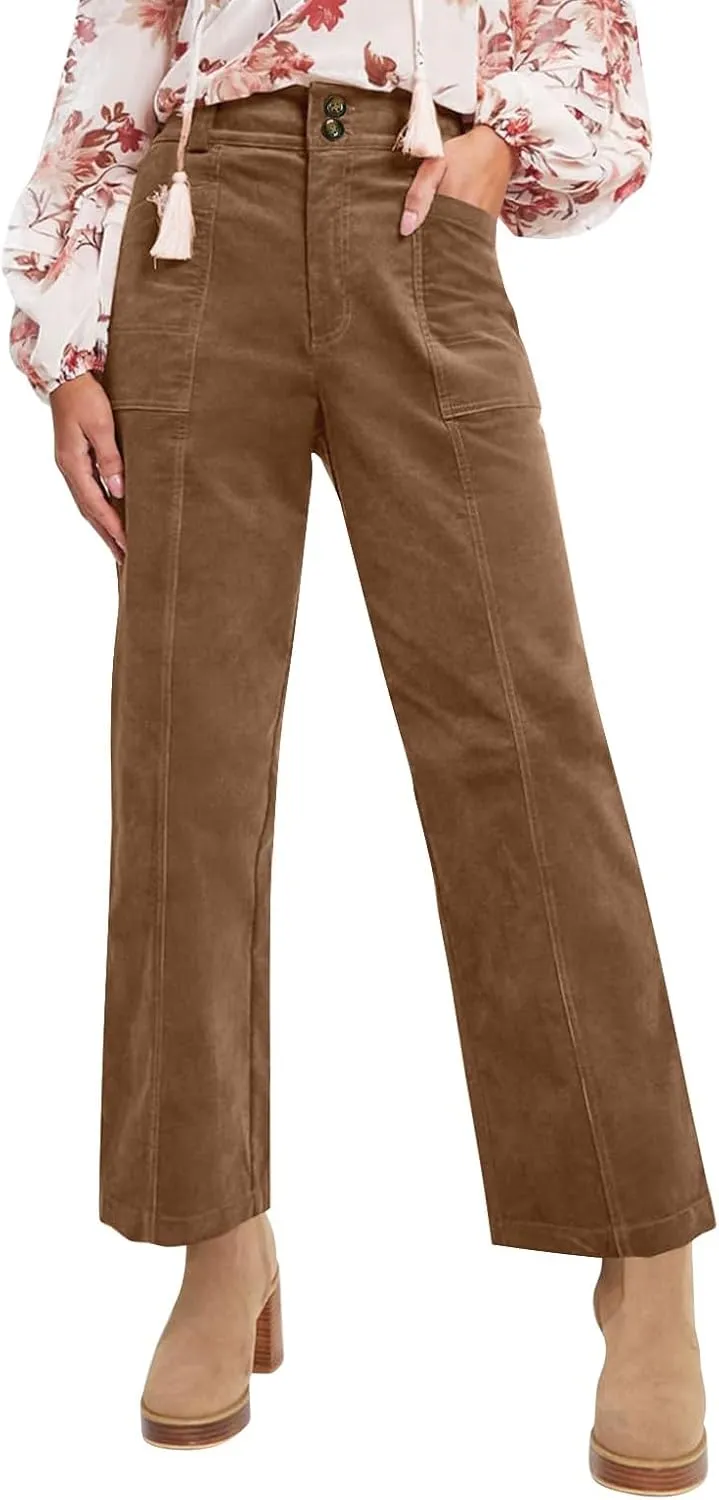 HTHLVMD Women's Corduroy Pants 2024 Winter Fashion Casual Straight Leg High Waisted Corduroy Pants with Pockets