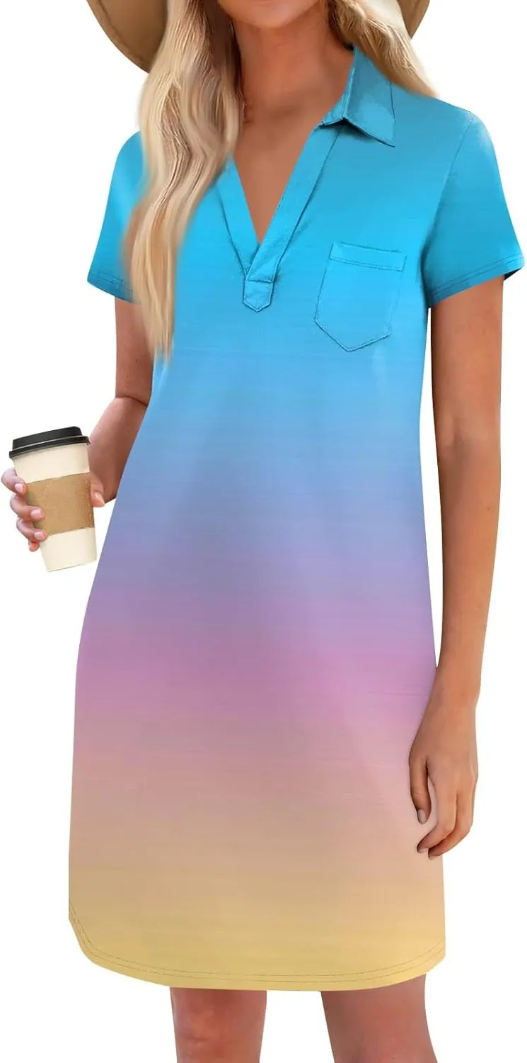 HXHYQKP Shift Dresses for Women 2025 Summer Short Sleeve Mini T-Shirt Dress V Neck Loose Beach Cover Up Shirts