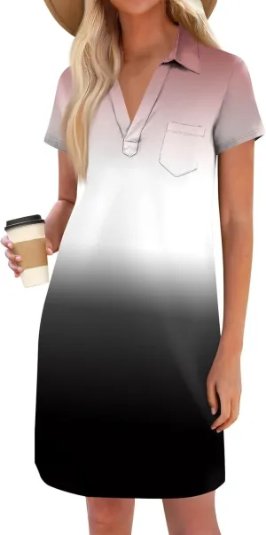 HXHYQKP Shift Dresses for Women 2025 Summer Short Sleeve Mini T-Shirt Dress V Neck Loose Beach Cover Up Shirts