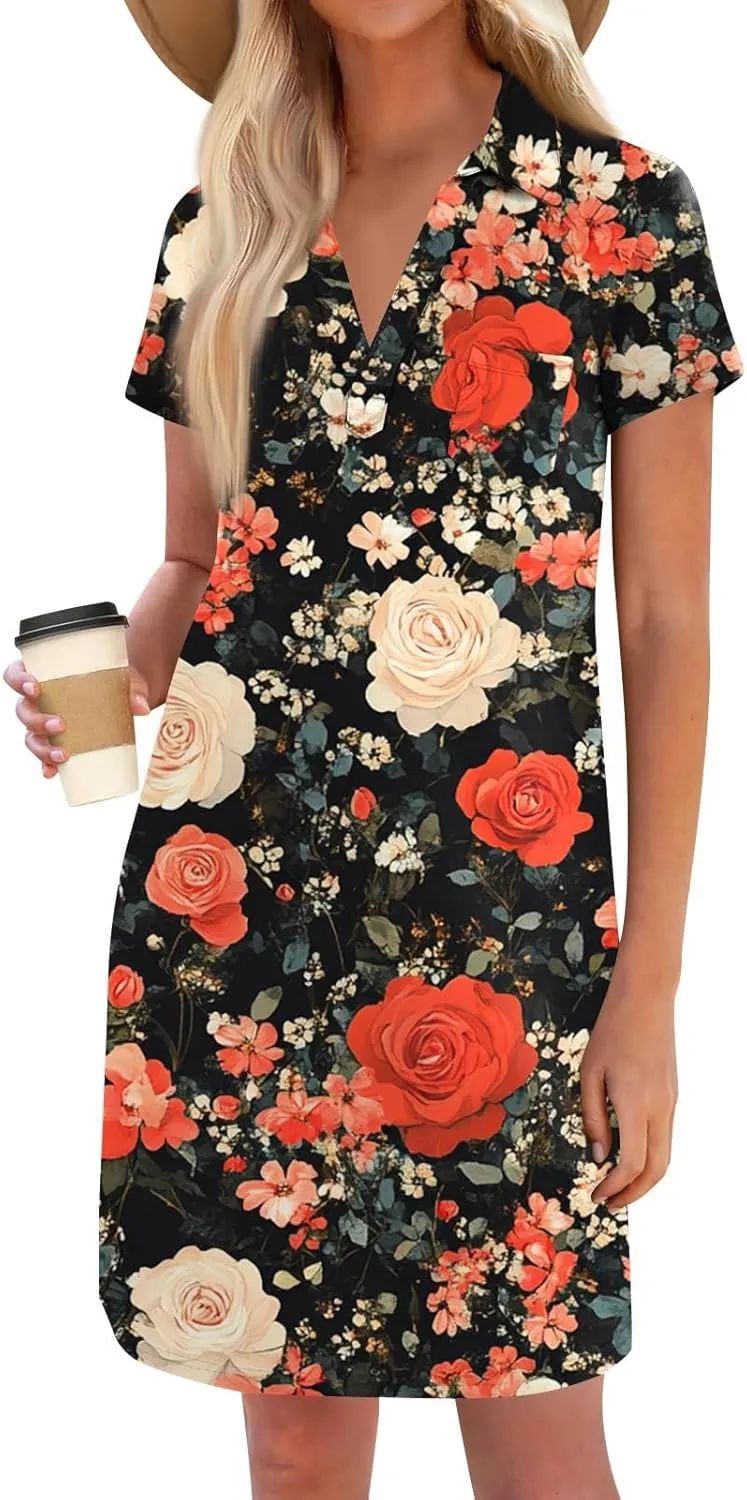 HXHYQKP Shift Dresses for Women 2025 Summer Short Sleeve Mini T-Shirt Dress V Neck Loose Beach Cover Up Shirts