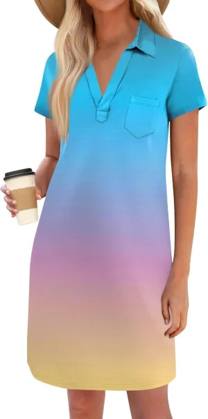 HXHYQKP Shift Dresses for Women 2025 Summer Short Sleeve Mini T-Shirt Dress V Neck Loose Beach Cover Up Shirts